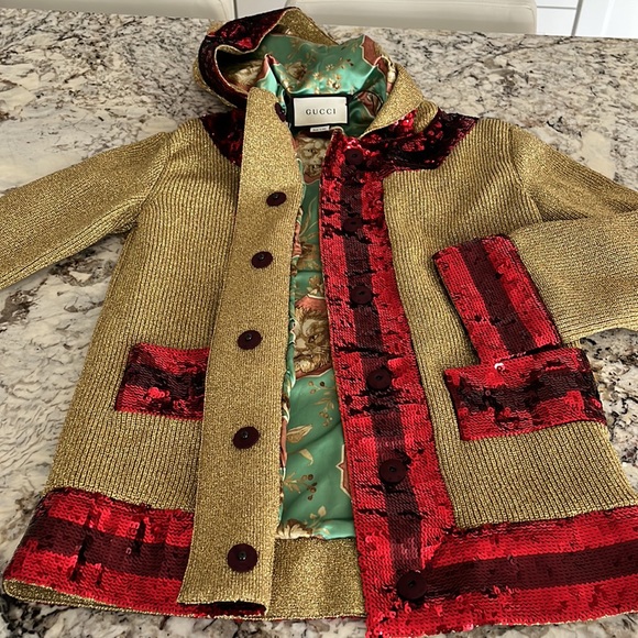 Gucci Gold/Red Lurex Hooded Jacket with Sylvie Sequins - Picture 6 of 16